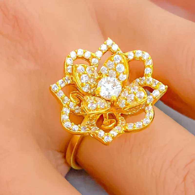 Women’s bohemian engagement rings-Radiant 3D Flower 22k Gold CZ Ring