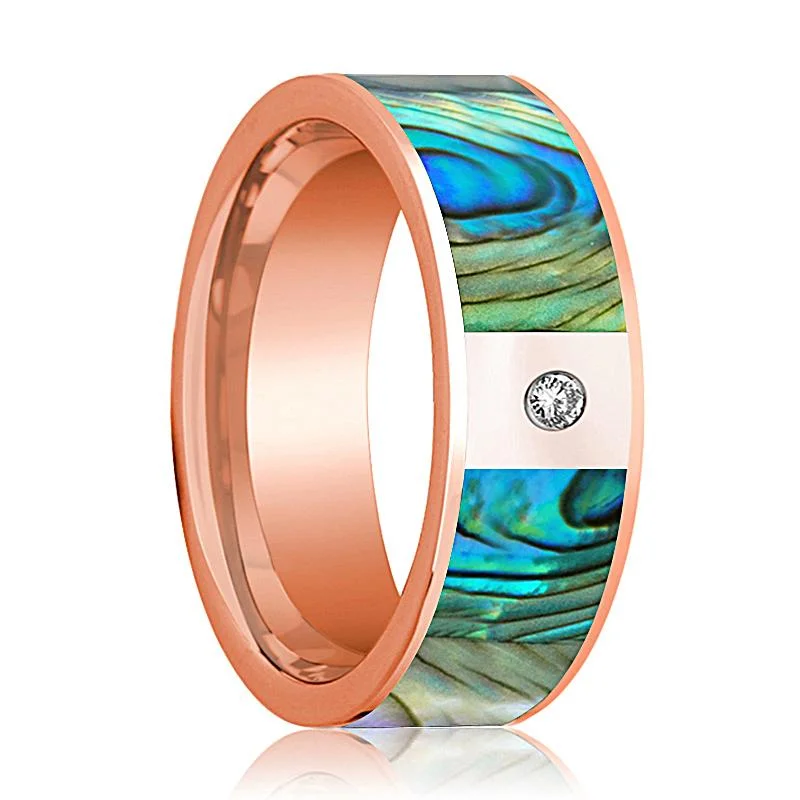 Women’s unique design engagement rings-Men's 14k Rose Gold and Diamond Wedding Band with Mother of Pearl Inlay Flat Polished Design - 8MM