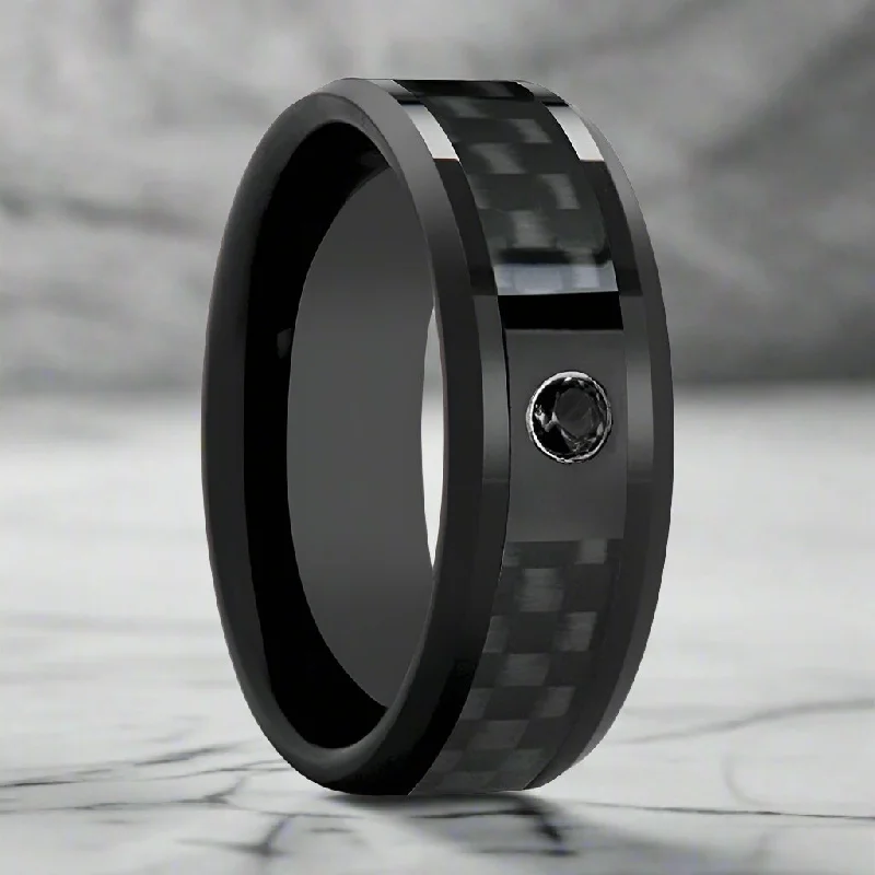 Women’s designer engagement rings-ABERDEEN | Black Ceramic Ring, Black Carbon Fiber, Black Diamond, Beveled