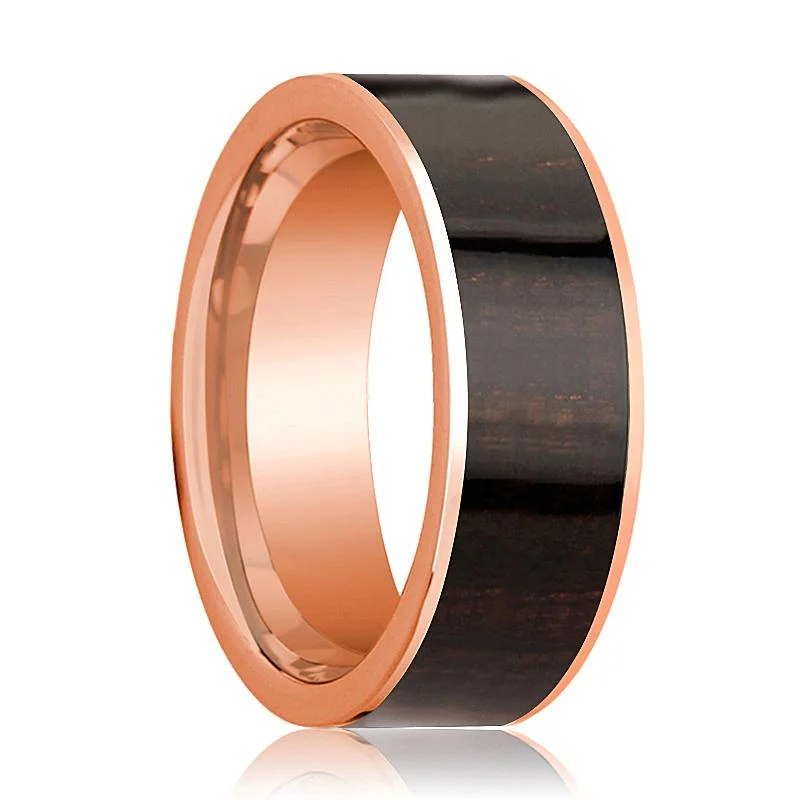 Women’s affordable diamond engagement rings-Polished 14k Rose Gold Men's Engagement Ring with Ebony Wood Inlay - 8MM