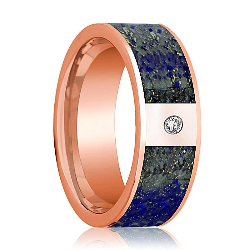 Women’s affordable engagement rings-Flat Polished 14k Rose Gold and Diamond Wedding Band with Blue Lapis Lazuli Inlay - 8MM