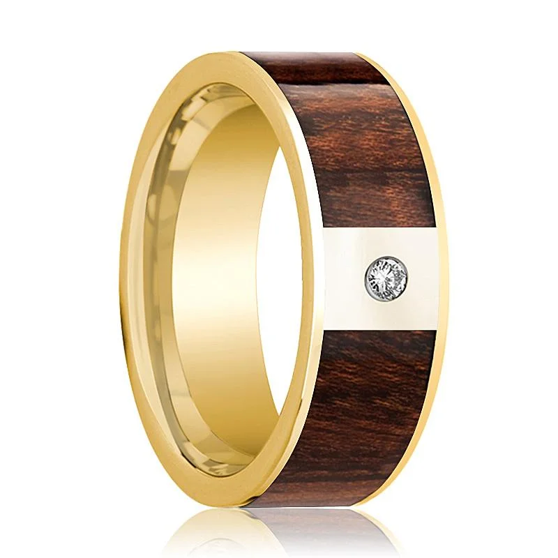 Women’s designer engagement rings-Carpathian Wood Inlaid Men's 14k Gold Wedding Band with White Diamond in Center - 8MM