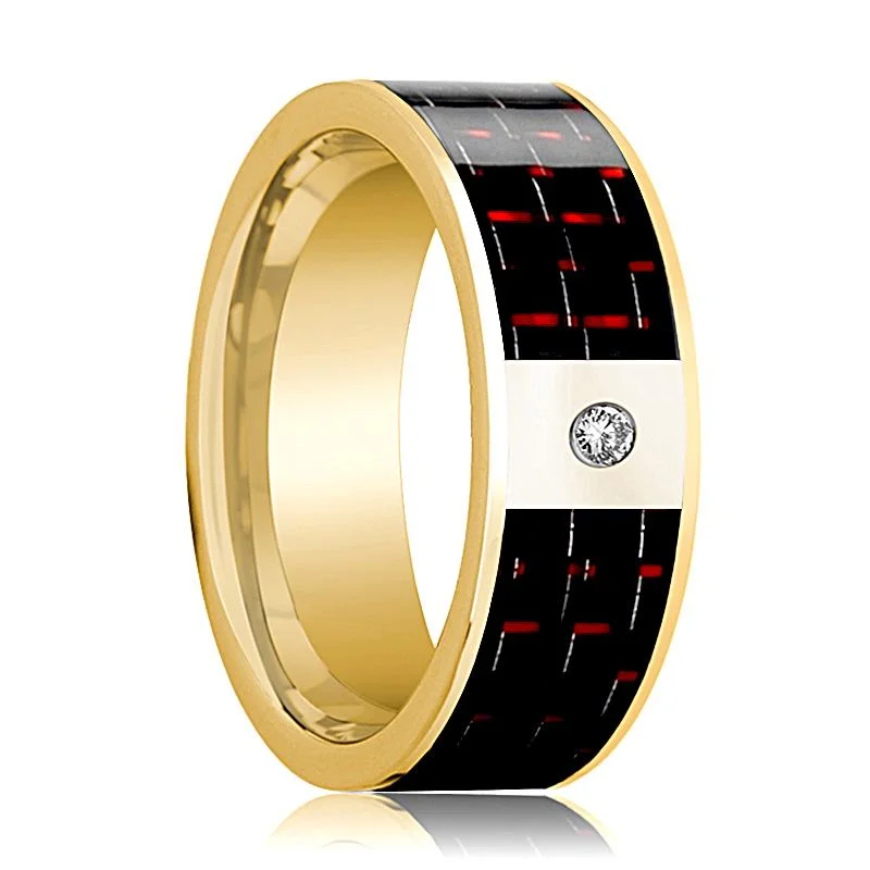 Women’s engagement rings with halo design-Polished 14k Yellow Gold & Diamond Flat Wedding Band for Men with Black and Red Carbon Fiber Inlay - 8MM