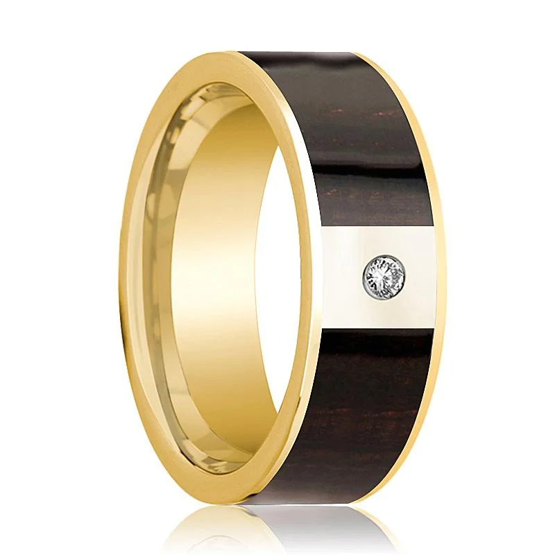 Women’s alternative engagement rings-Men's Ebony Wood Inlaid 14k Gold Wedding Ring with White Diamond in Center - 8MM