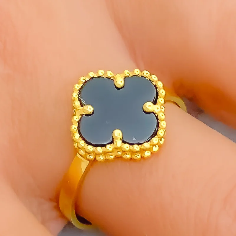 Elegant rings for women-Classy Black Onyx 21K Gold Clover Ring