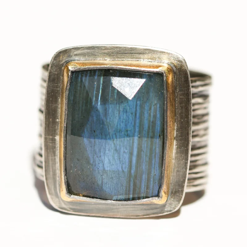 Women’s handmade rings-Rectangular Labradorite Ring with Wide Band