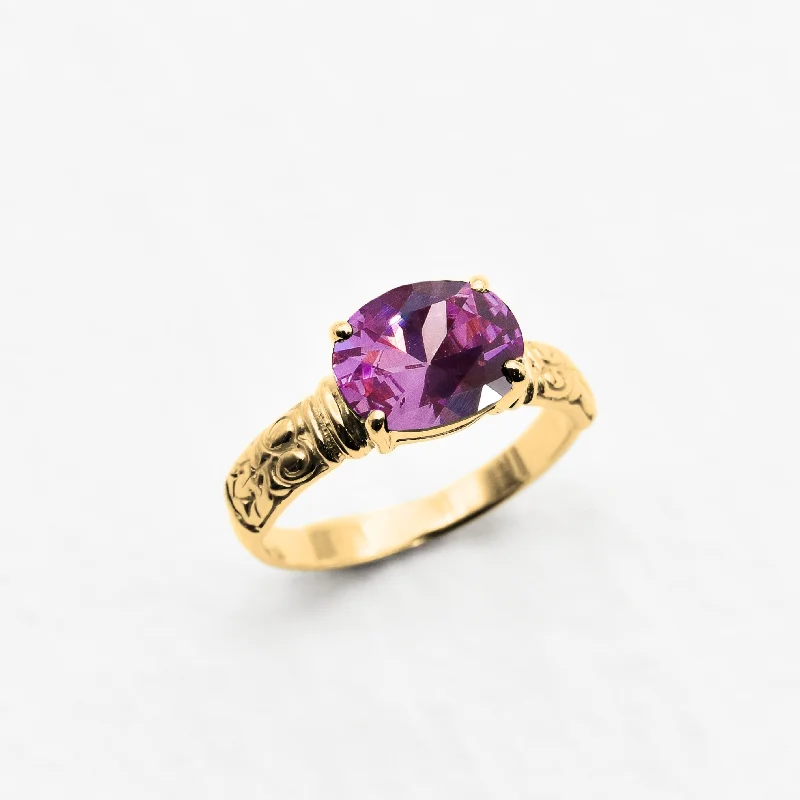 Women’s gold plated rings-Gold Amethyst Ring - Purple Oval Ring - Vintage Boho Ring