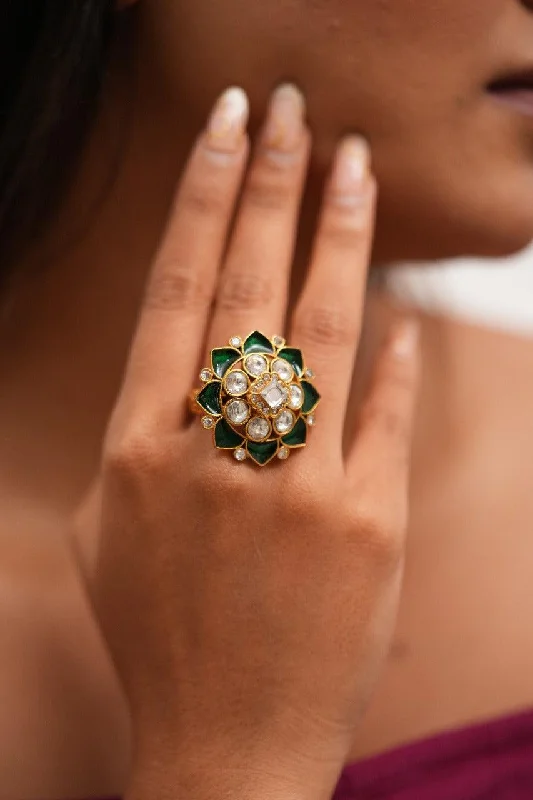 Women’s anniversary rings-Sai Polki Floral Emerald Meena Cocktail Polki Ring | Adjustable