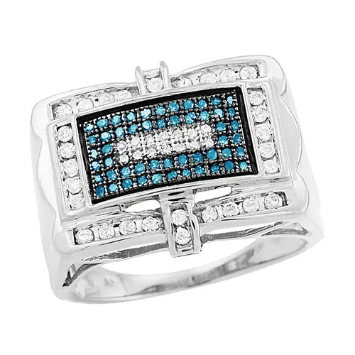 Women’s diamond halo rings-Sterling Silver 0.50CTW BLUE & WHITE DIA MENS RING