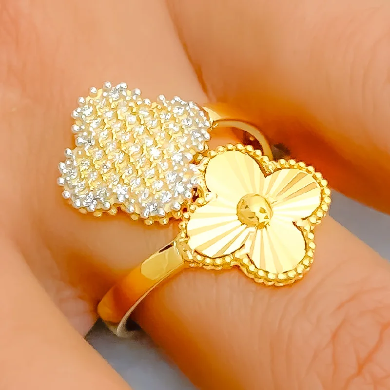 Women’s gemstone rings-Overlapping Dual Flower 21K Gold Clover CZ Ring