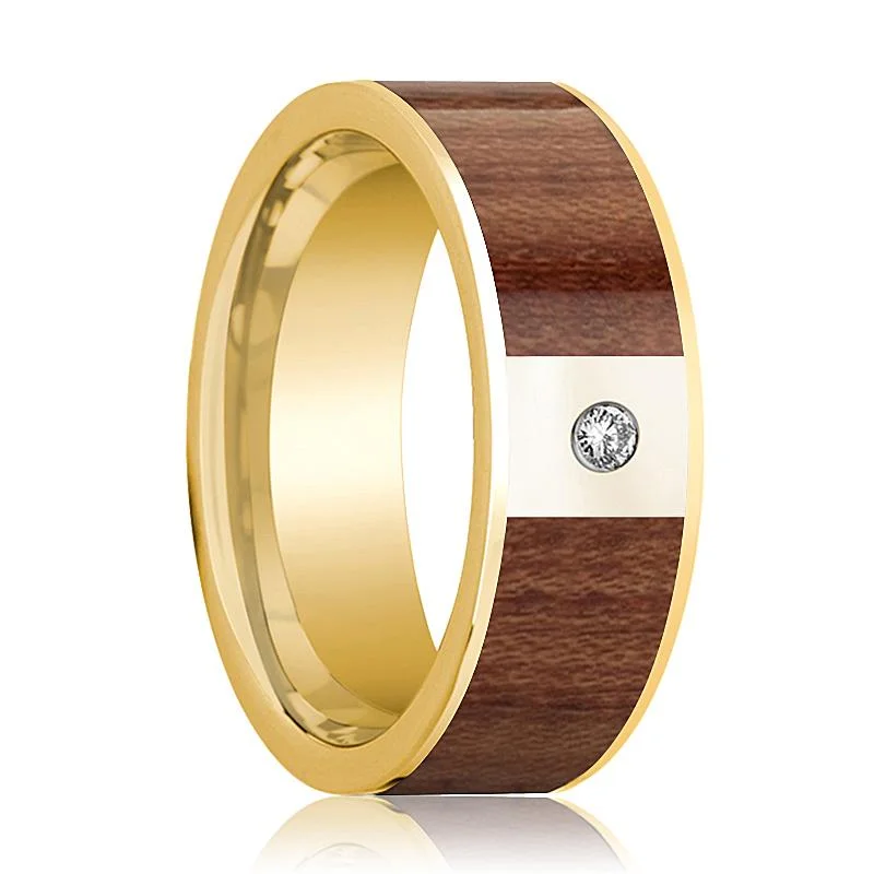 Women’s halo engagement rings-Men's 14k Yellow Gold Flat Wedding Band with Rose Wood Inlay and White Diamond - 8MM