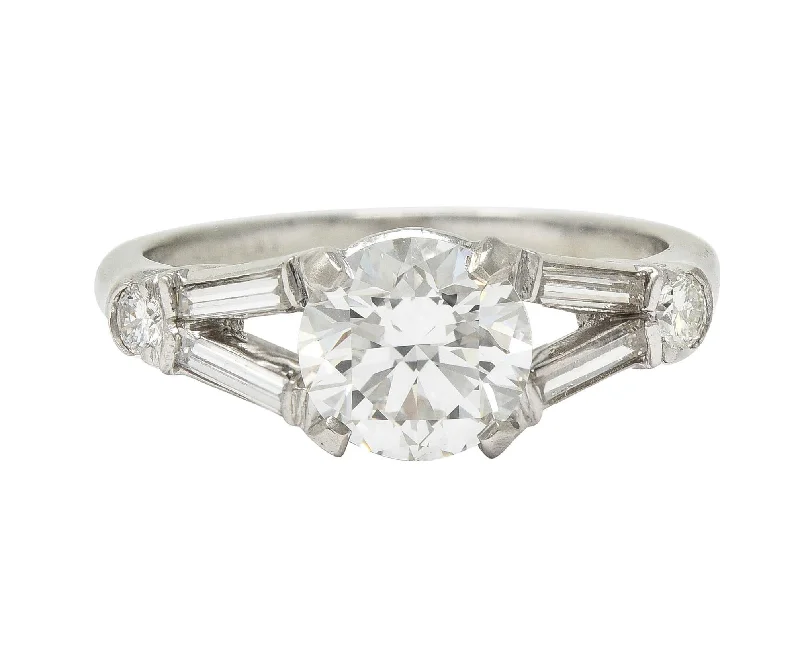 Women’s matching engagement and wedding rings-Mid-Century 1.35 CTW Transitional Diamond Platinum Vintage Engagement Ring GIA