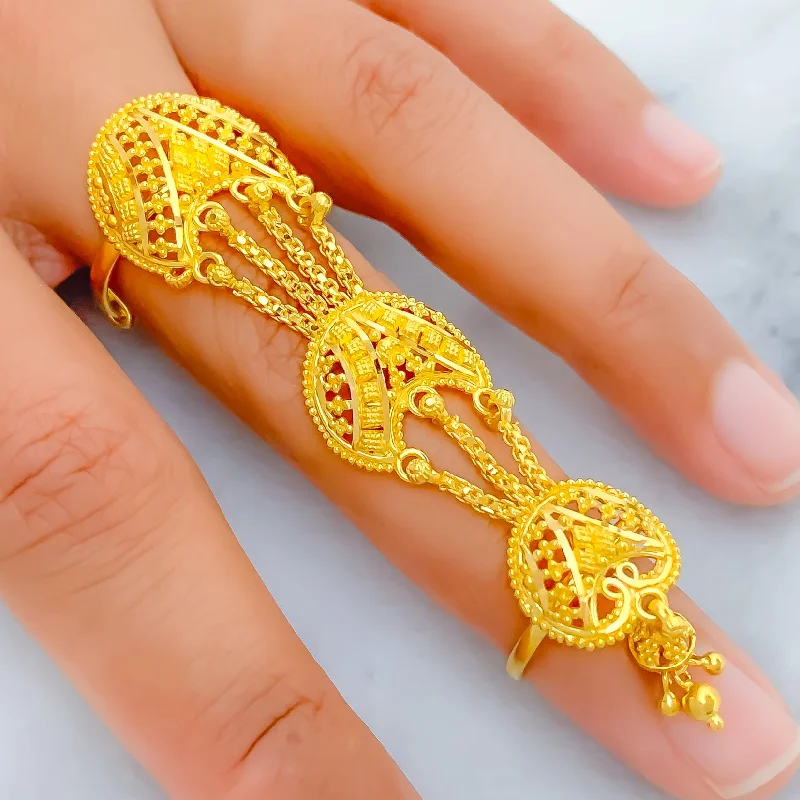 Women’s art nouveau rings-Graceful Crescent 22k Overall Gold Finger Ring