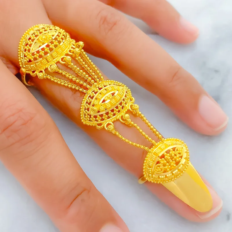 Women’s quirky rings-Iconic Triple Marquise 22k Overall Gold Finger Ring