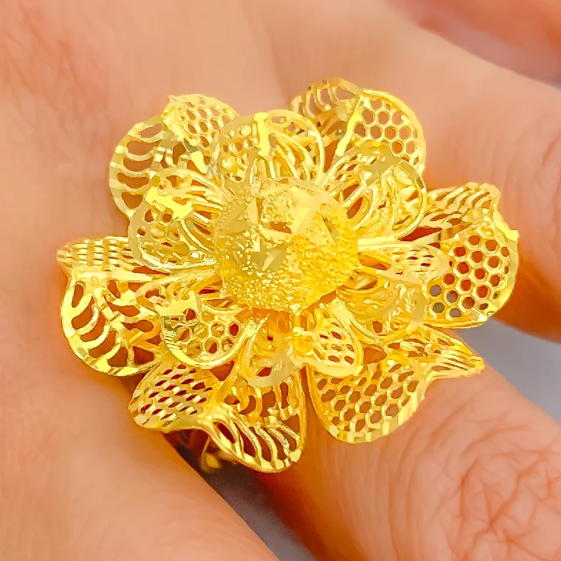 Women’s halo rings-Fancy Fine Netted 22k Gold Flower Ring