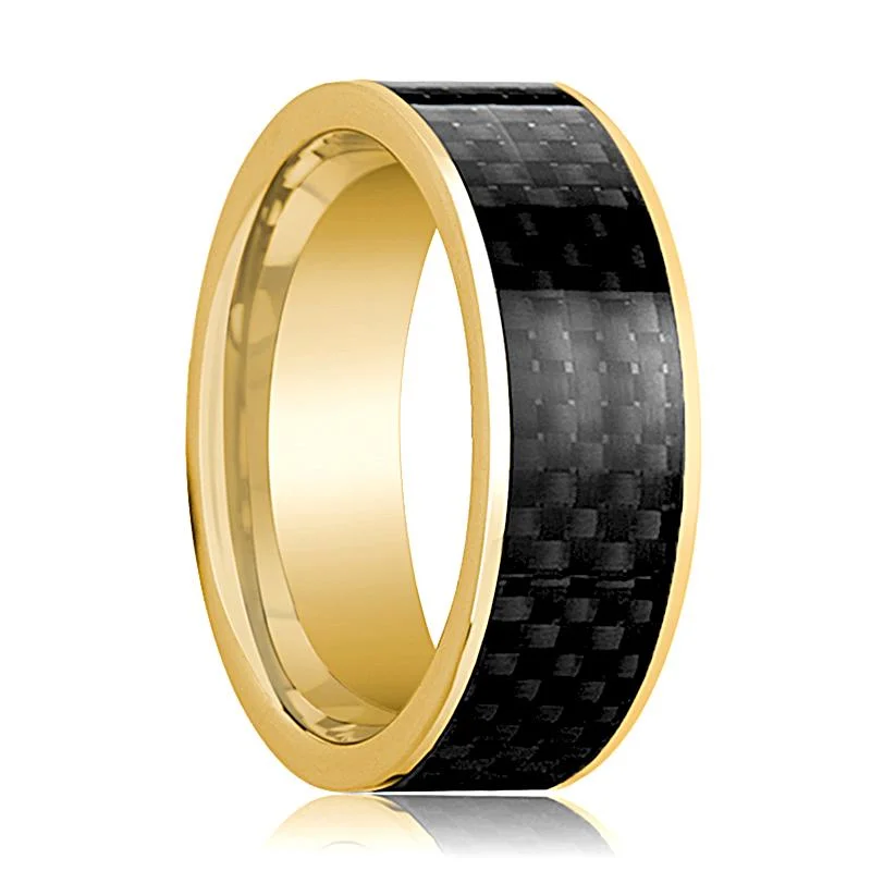 Women’s diamond engagement rings-Men's 14k Yellow Gold Flat Polished Engagement Ring with Black Carbon Fiber Inlay