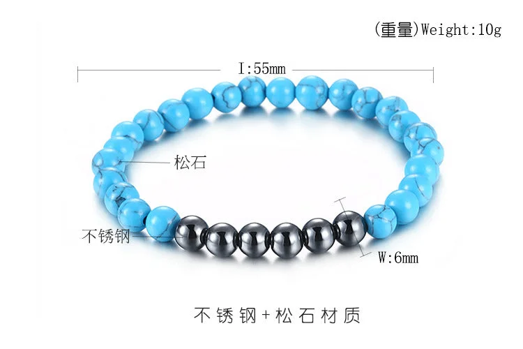 Women’s statement bracelets-Wholesale 6mm Natural Stone Stainless Steel Round Bead Bracelet