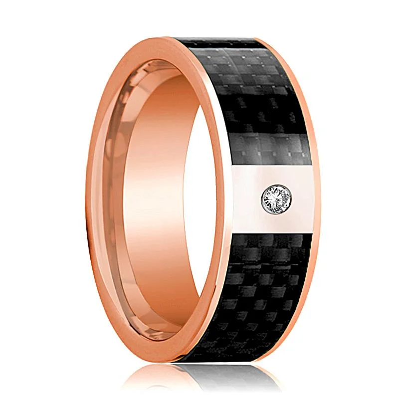 Women’s unique-shaped engagement rings-14k Rose Gold Men's Flat Wedding Ring with Black Carbon Fiber Inlay & Diamond