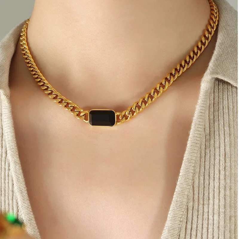 P1337-Gold Black Glass Stone Necklace-40+5cm