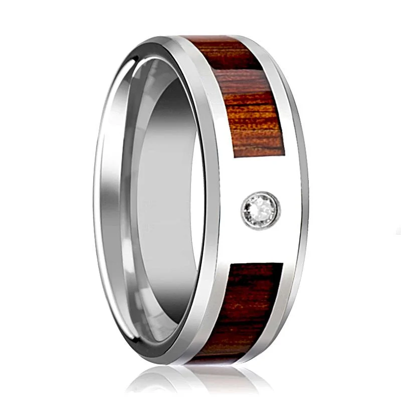 Women’s non-diamond engagement rings-KAHUNA | Silver Tungsten Ring, Diamond, Koa Wood Inlay, Beveled