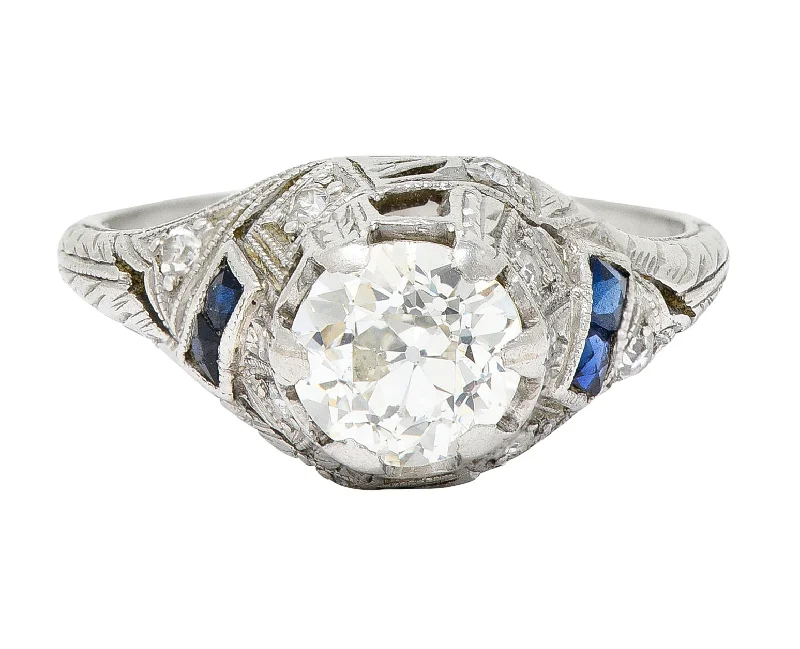 Women’s engagement rings with a vintage look-Art Deco 1.24 CTW Diamond Sapphire Platinum Foliate Engagement Ring